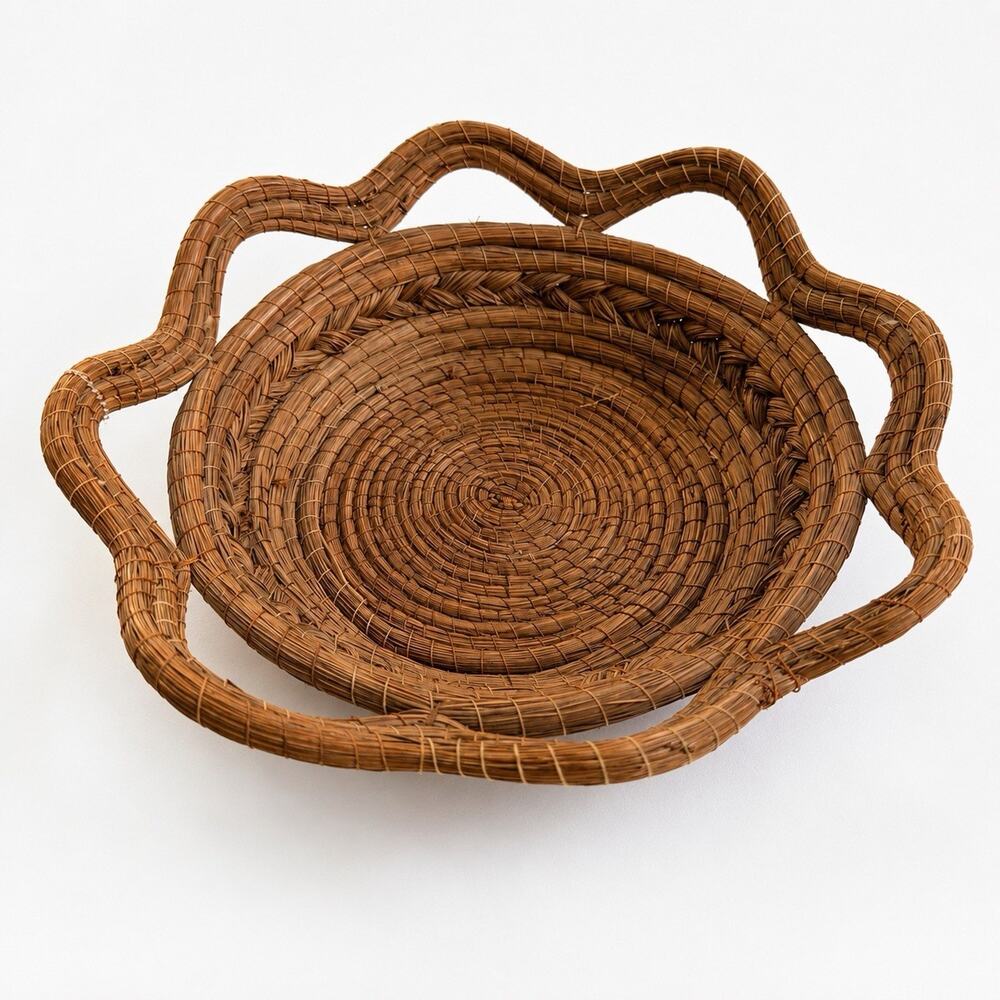 Handwoven Pine Needle Basket 13” Round Braided Wavy Rim Cottage Boho Décor